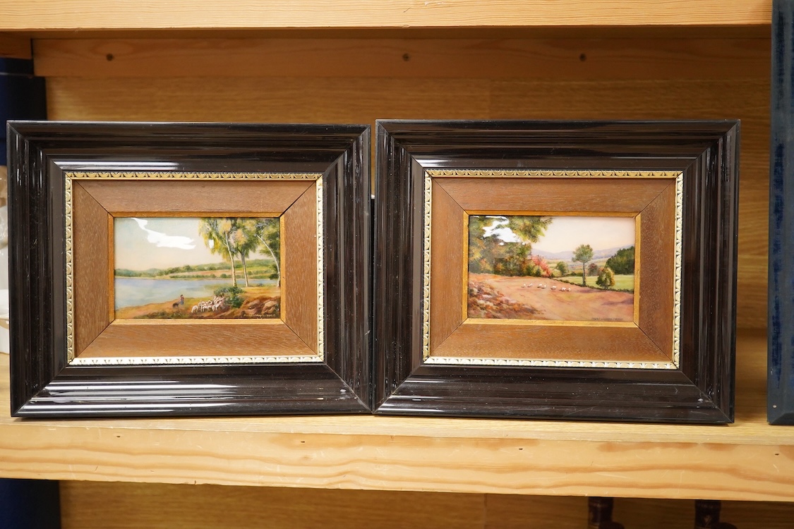 Camille Fauré (1874-1956), A pair of landscape scenes, signed lower right, enamels, framed, 13cm x 8.5cm